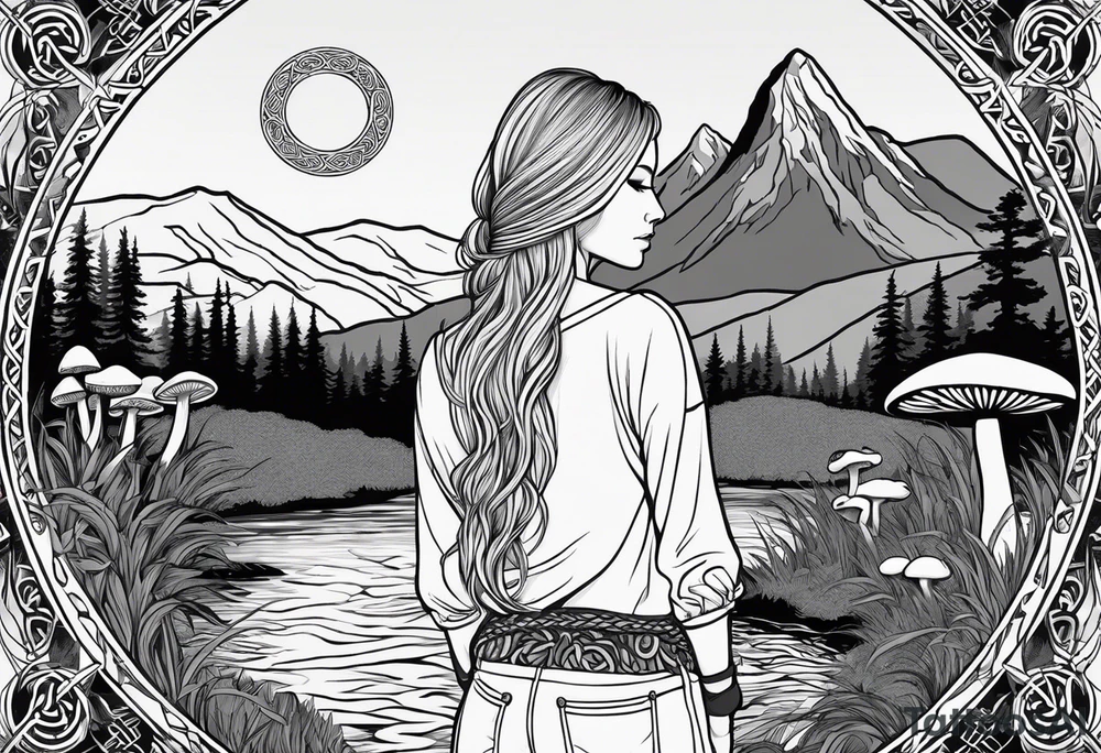 Whole picture encircled fully

Straight long blonde hair hippie girl in distance holding mushrooms in hand facing away toward mountains and creek surrounded by mushrooms long sleeve shirt and hiking pants; whole rendering within a full celtic circle, no cut off circle tattoo idea