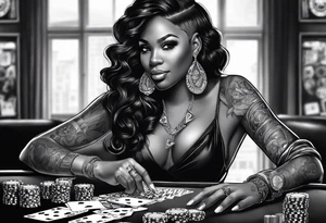 black woman with dice, cards, whiskey. and casino chips tattoo idea