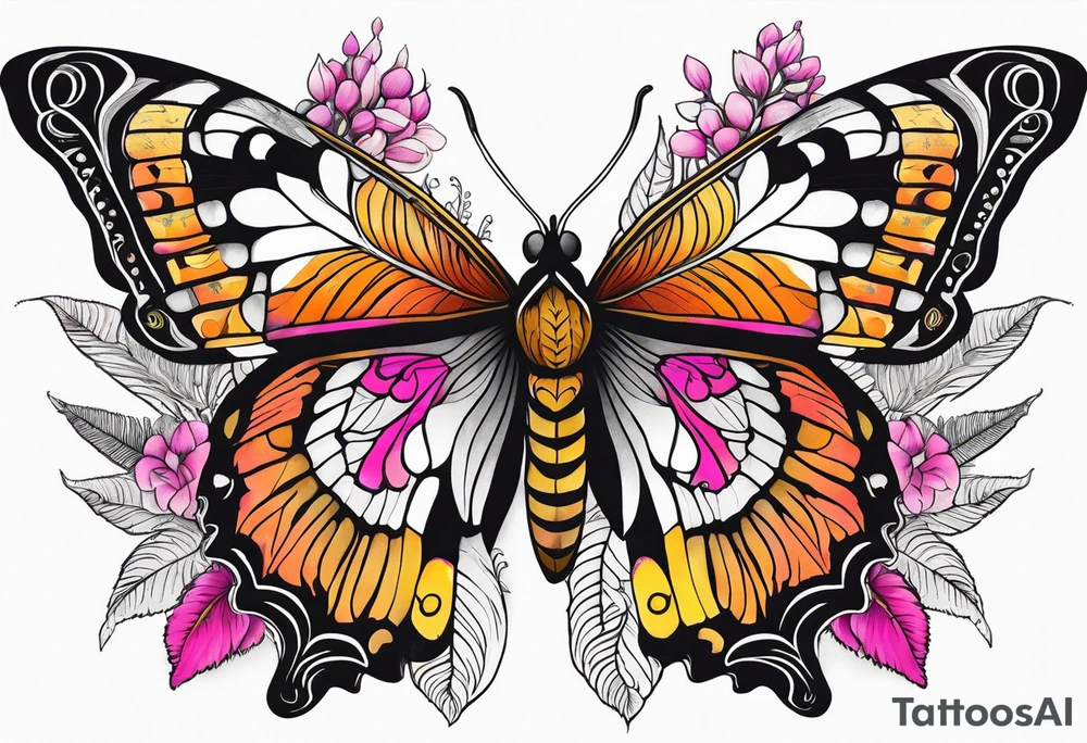 Botanical with pretty moth, colorful, mandala, fern leaves, white, orange, yellow, pink, black, fuschia tattoo idea