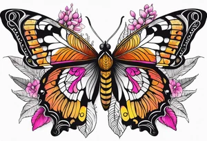 Botanical with pretty moth, colorful, mandala, fern leaves, white, orange, yellow, pink, black, fuschia tattoo idea