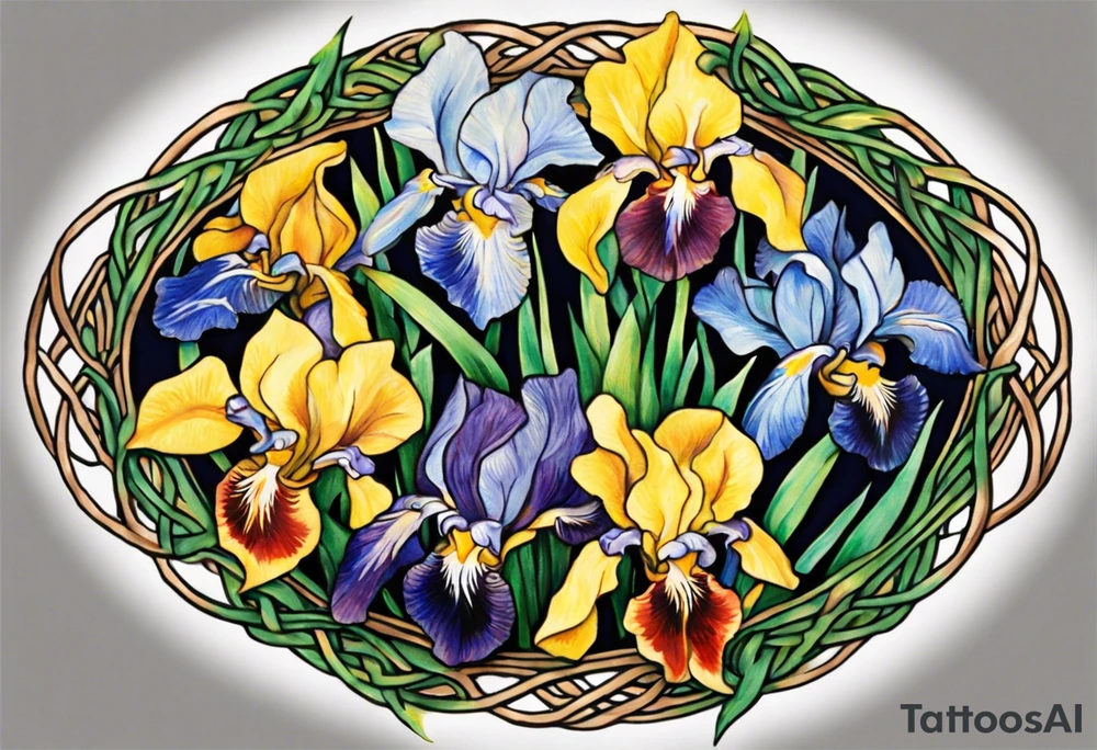 Create a small thick colorful Vincent van Gogh Irises tattoo , with vines in Celtic knots gracefully intertwining at a central point in the middle of the wreath.  The intended placement is on the upper chest. The overall design should be small in size while maintaining a delicate and artistic aesthetic. Pay attention to the graceful flow of the vines and the placement of the irises to achieve a refined and elegant look. tattoo idea