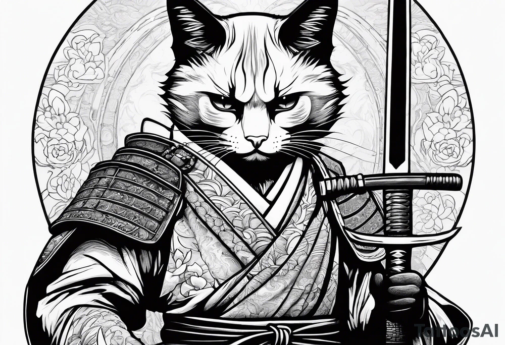 Siamese samurai cat holding a rusty katana tattoo idea