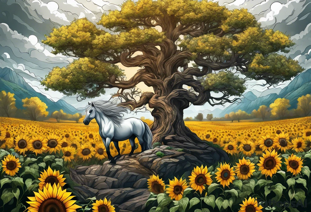 Yggdrasil tree, horse in front of it, and sunflowers tattoo idea
