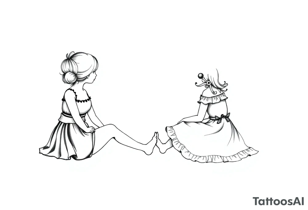 Zwei kleine mädchen sitzen sich gegenüber eine hat einen Dutt die andere einen Zopf und sie berühren sich an den Fußsohlen tattoo idea