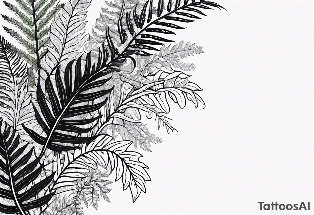 A detailed, vintage-style black and white tattoo of ferns, leaves, and moss, in a simple design. Flat design tattoo idea