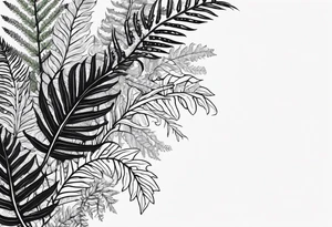 A detailed, vintage-style black and white tattoo of ferns, leaves, and moss, in a simple design. Flat design tattoo idea