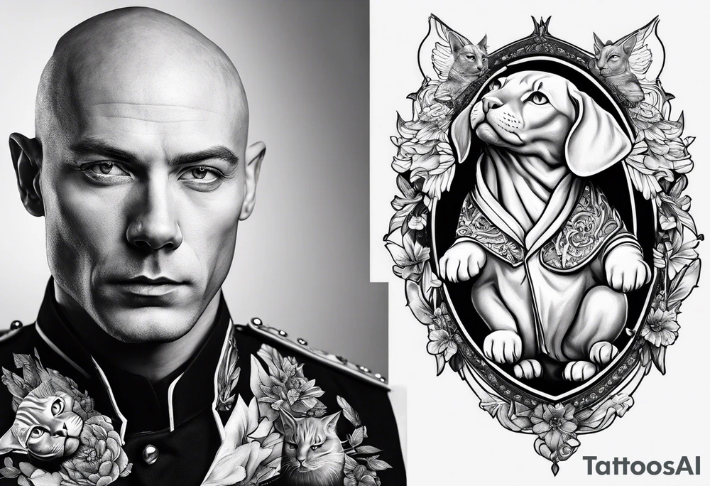 sven is a skinny bald german doctor in soldiers uniform with sphynx cats around him tattoo idea