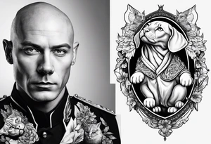 sven is a skinny bald german doctor in soldiers uniform with sphynx cats around him tattoo idea