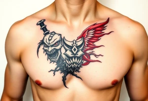 Warrior black and red on left chest male tattoo idea