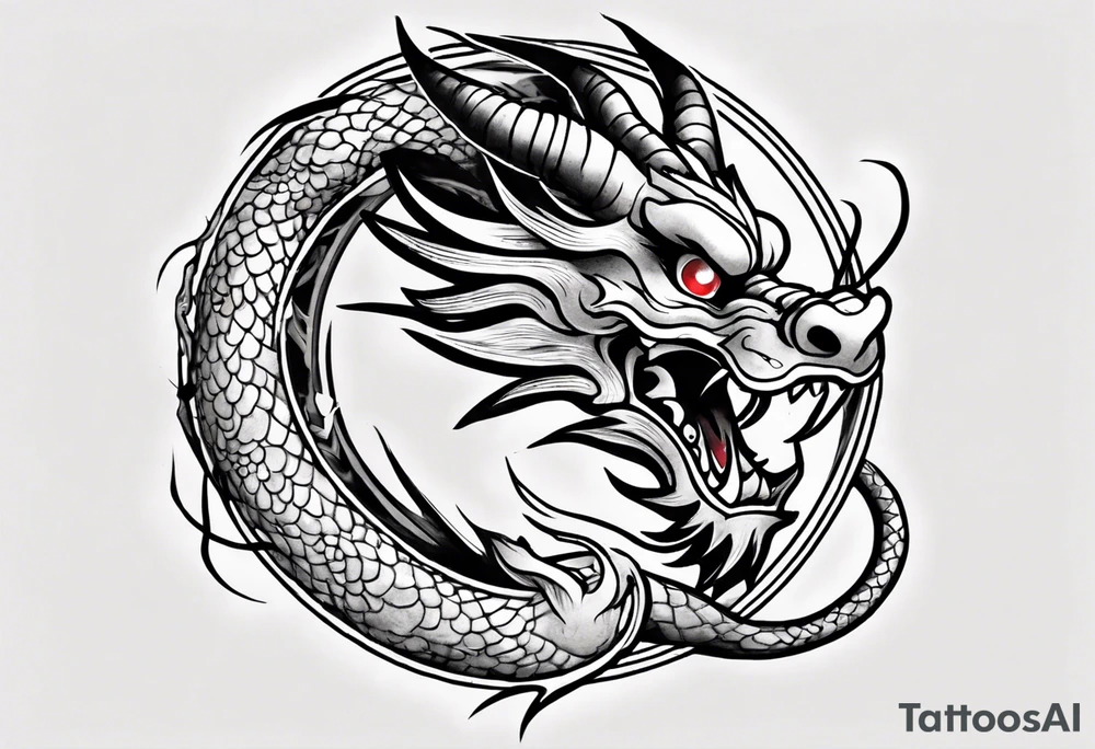 Chinese dragon in a circular shape with "02.03" written on its skin tattoo idea