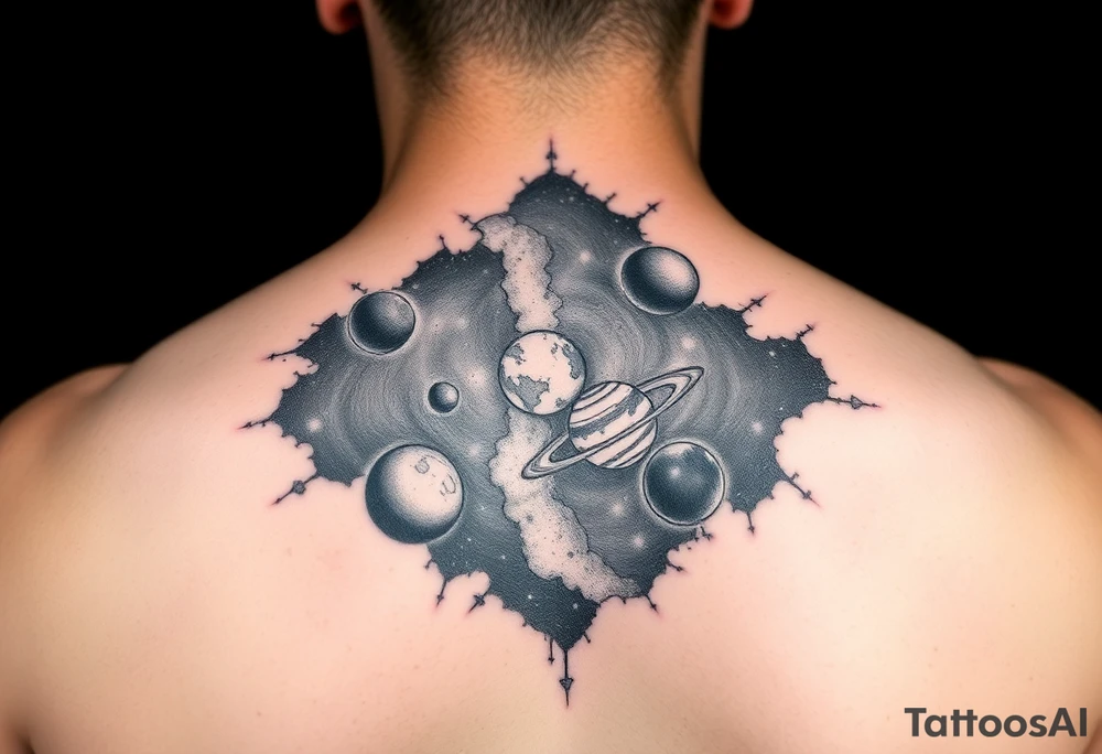 The milky way with negative spaces used to create planets and dark matter tattoo idea