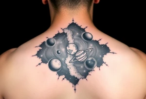 The milky way with negative spaces used to create planets and dark matter tattoo idea
