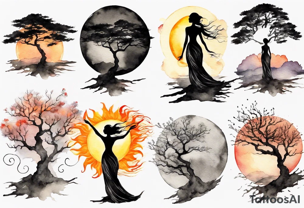 a black tree woman reaching towards a blazing sun in the sky tattoo idea