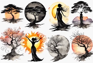a black tree woman reaching towards a blazing sun in the sky tattoo idea