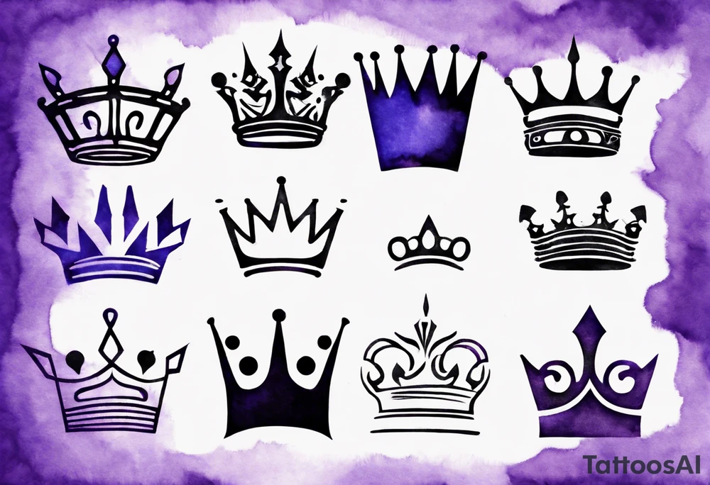 A tattoo of a minimalistic black crown and some negative space on a water color background of purple and blue. tattoo idea