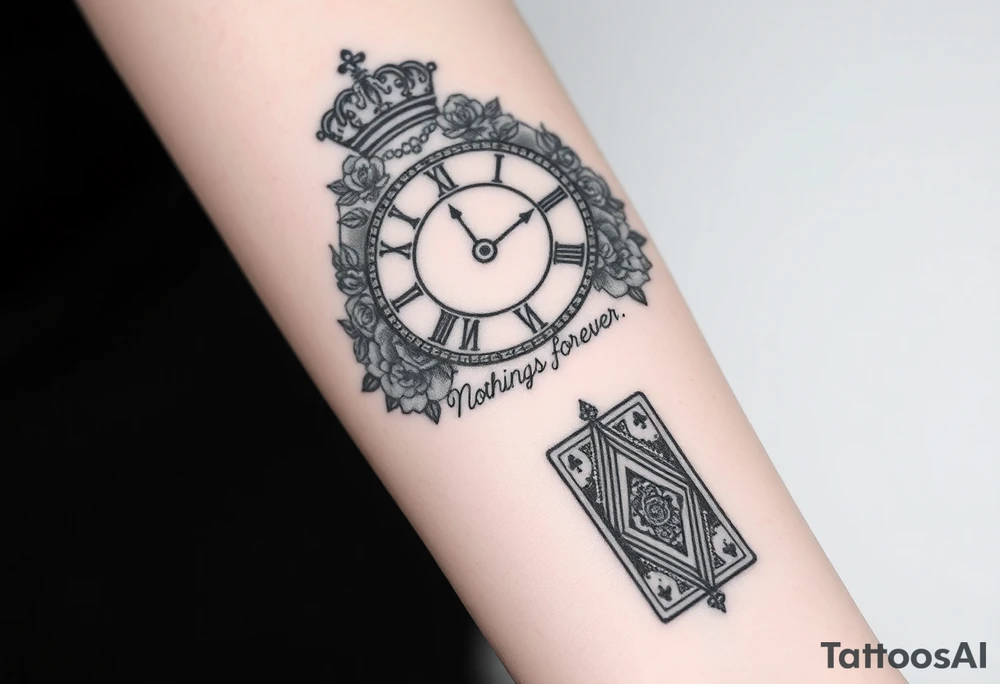 Roman clock with roses and a crown,  a quote that says nothings forever. and on the bottom a deck of cards tattoo idea