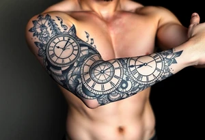 I want to create a sleeve for my left arm with elements if time and music and the dates 19.04.2019 and 28.01.2022 in Roman numerals tattoo idea