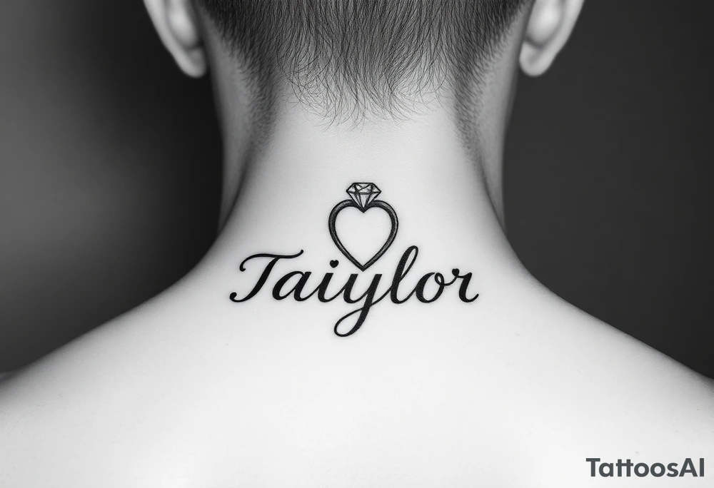 The name Taiylor spelled with the O as a diamond ring with hearts behind the ear tattoo on the neck tattoo idea