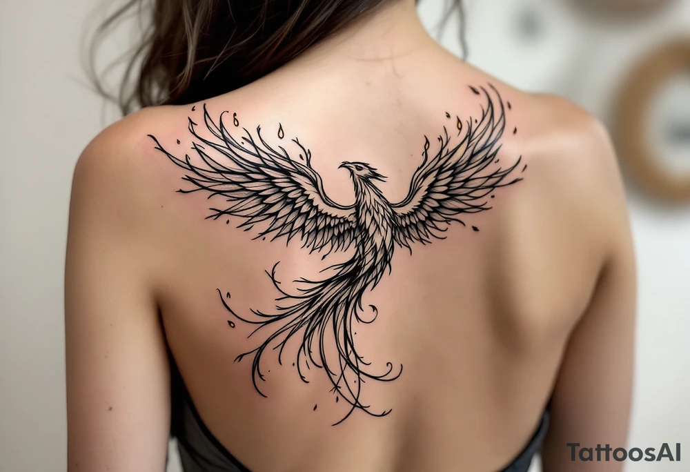 magnificent phoenix rising from golden flames with trailing embers tattoo idea
