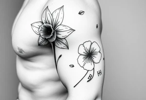 A daffodil with pussy willow flower and a clover with the initials B P H tattoo idea