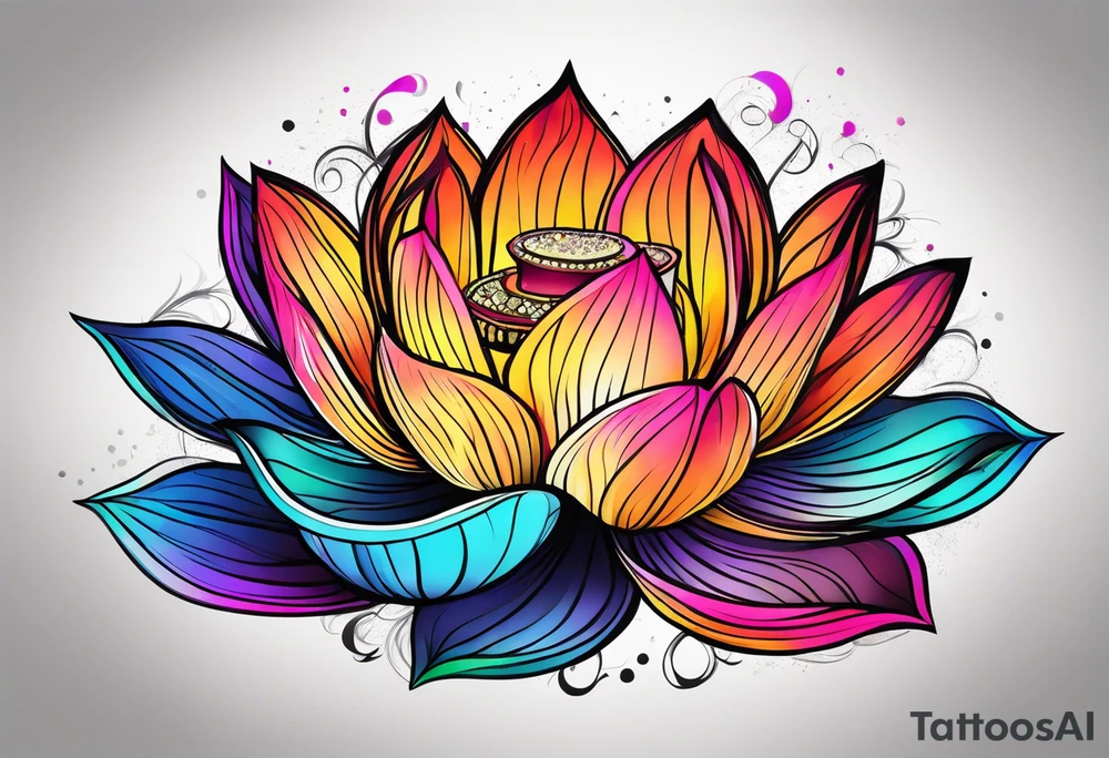 Vibrant colorful lotus flower at night time tattoo idea
