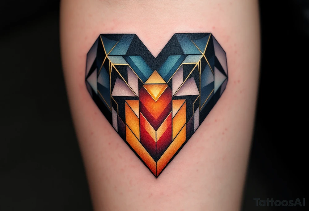 A minimalist yet powerful abstract heart formed by sharp, intersecting geometric lines, blending various shapes such as triangles and diamonds. The heart’s outer edges are soft and flowing, contrasting the precise geometry inside. The design transitions from a deep midnight blue at the top to a warm, radiant gold at the bottom, symbolizing a balance between mystery and warmth. The heart’s center is subtly filled with a gradient of rich crimson, symbolizing passion and deep emotional connection. Midnight blue (top), radiant gold (bottom), deep crimson (center), with thin accents of white to highlight the geometric details. tattoo idea