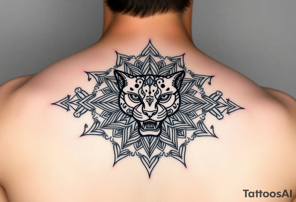 intricate mandala with a sacred panther with geometry and cosmic tattoo idea