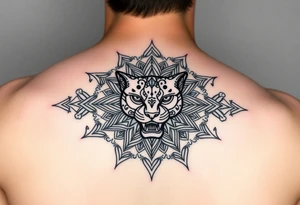 intricate mandala with a sacred panther with geometry and cosmic tattoo idea