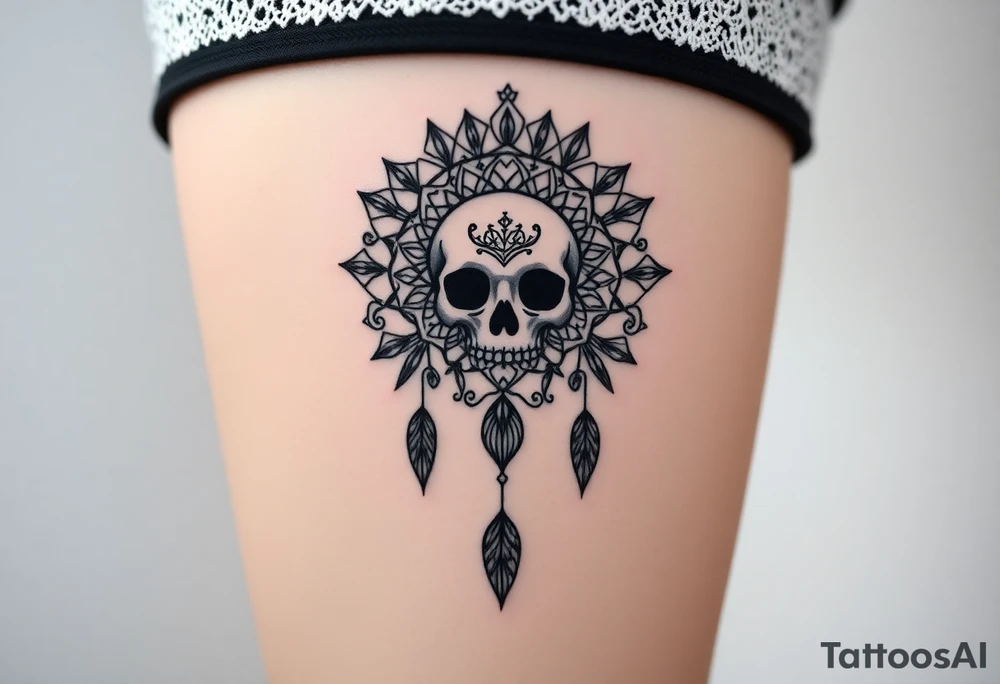 Mandala dream catcher lace with delicate skull and flowers wearing elegant crown tattoo idea