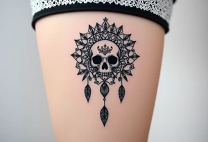 Mandala dream catcher lace with delicate skull and flowers wearing elegant crown tattoo idea