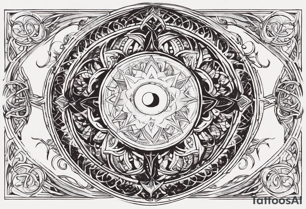 Here's the translation of the request into English:

Create a sketch for a male tattoo that reflects the concept of life purpose and spiritual growth. The tattoo should symbolize the idea of a higher plan assigned to a person before birth, and the path of spiritual realization. Include elements that personify the Universe, higher powers, or divine origin. The image should convey forward movement along life's path and ascension to a higher level of consciousness. The tattoo style should be masculine and philosophical, suitable for placement on the shoulder, forearm, or chest. tattoo idea