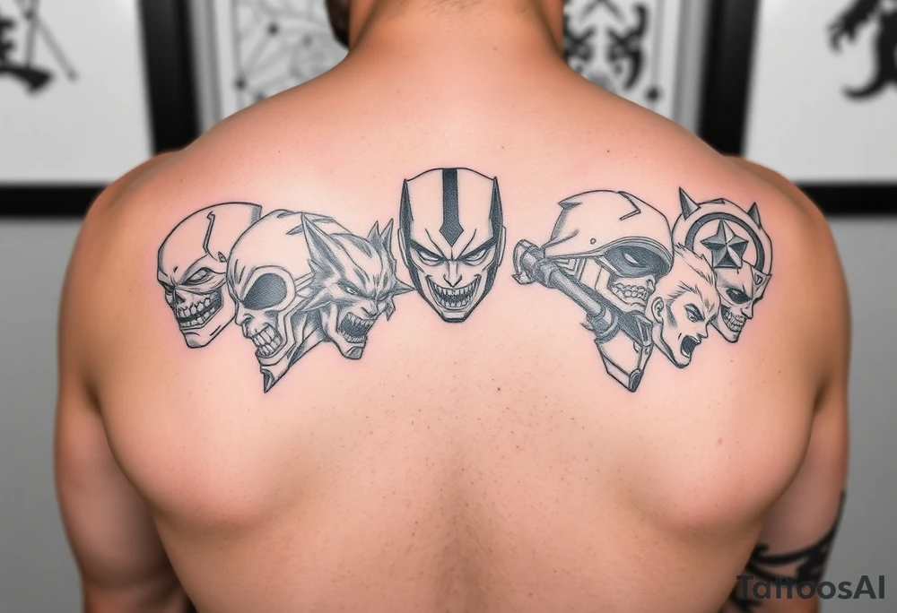 Show me a full arm sleeve with lots of different anime style heroes tattoo idea