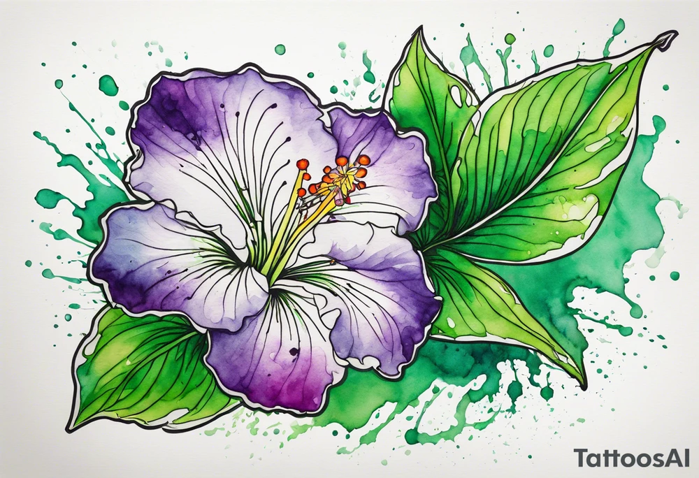An outline of an only green rio dipladenia flower and a green and purple watercolor splash in the background tattoo idea