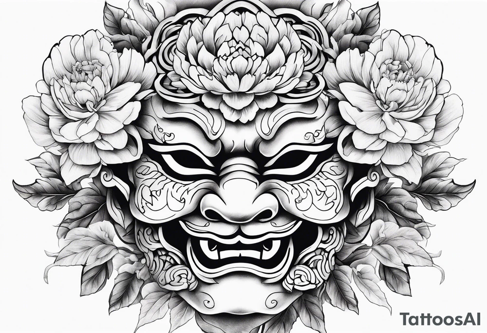 Japenese henya mask peony tattoo idea