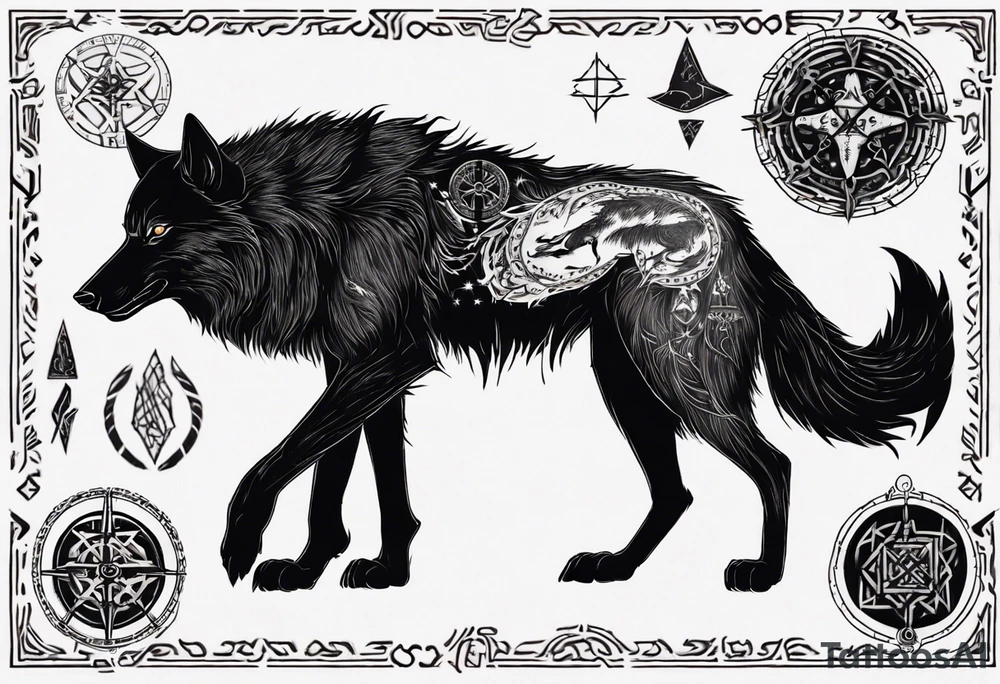 Black wolf with Vegvísir on its forhead tattoo idea