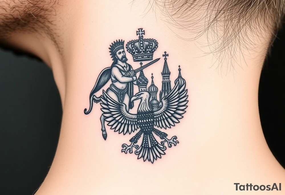 St. George slaying the dragon (hugely common in Russian Orthodox art)
Russian imperial crown above the eagle
Crossed swords or a Russian sabre
The Kremlin or St. Basil's Cathedral scene tattoo idea