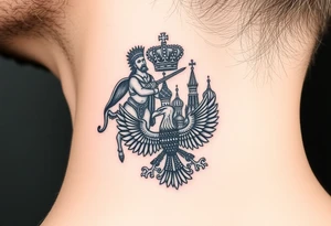 St. George slaying the dragon (hugely common in Russian Orthodox art)
Russian imperial crown above the eagle
Crossed swords or a Russian sabre
The Kremlin or St. Basil's Cathedral scene tattoo idea