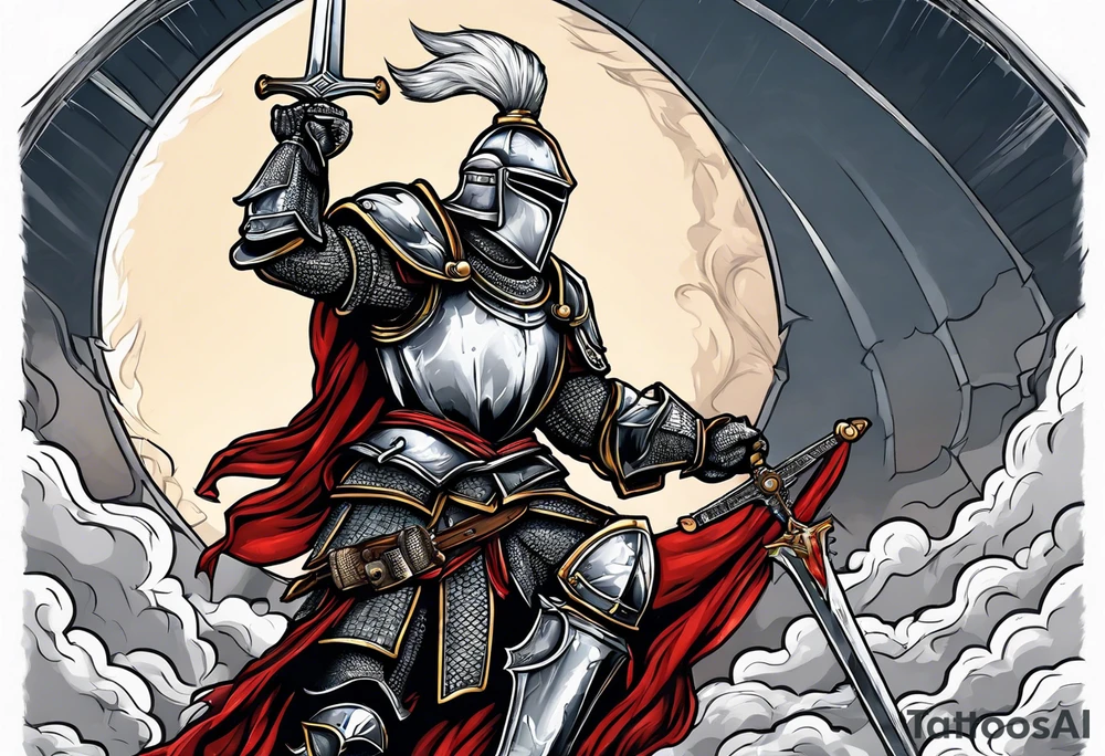 knight holding a bible over his head in combat tattoo idea
