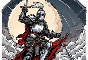 knight holding a bible over his head in combat tattoo idea