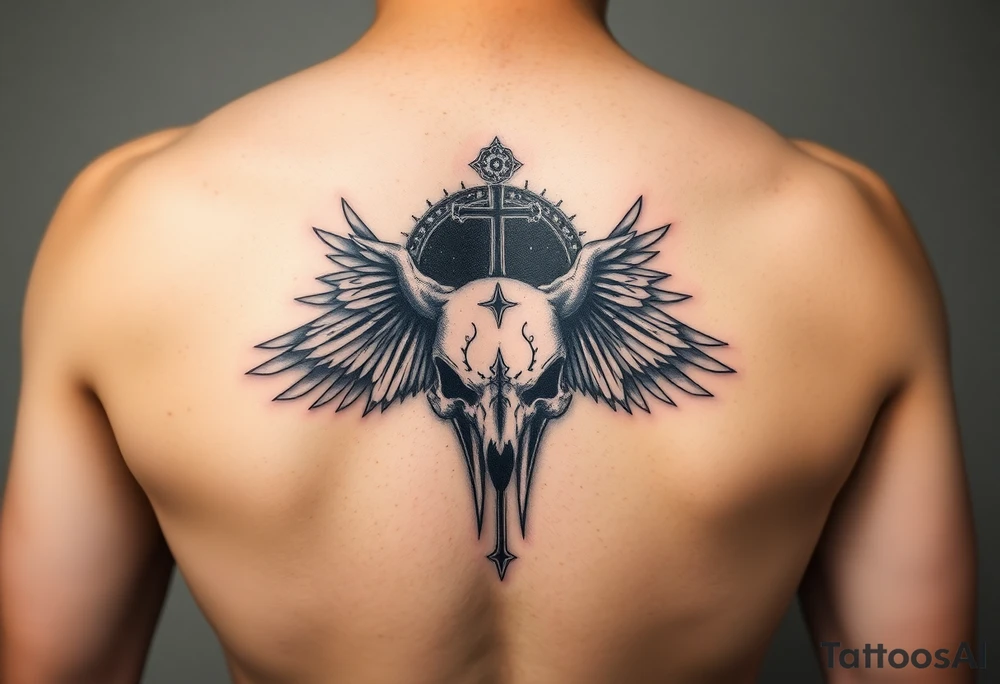 Leviathan cross etched on the skull of a raven with a cosmic black hole background tattoo idea