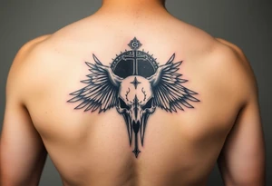 Leviathan cross etched on the skull of a raven with a cosmic black hole background tattoo idea