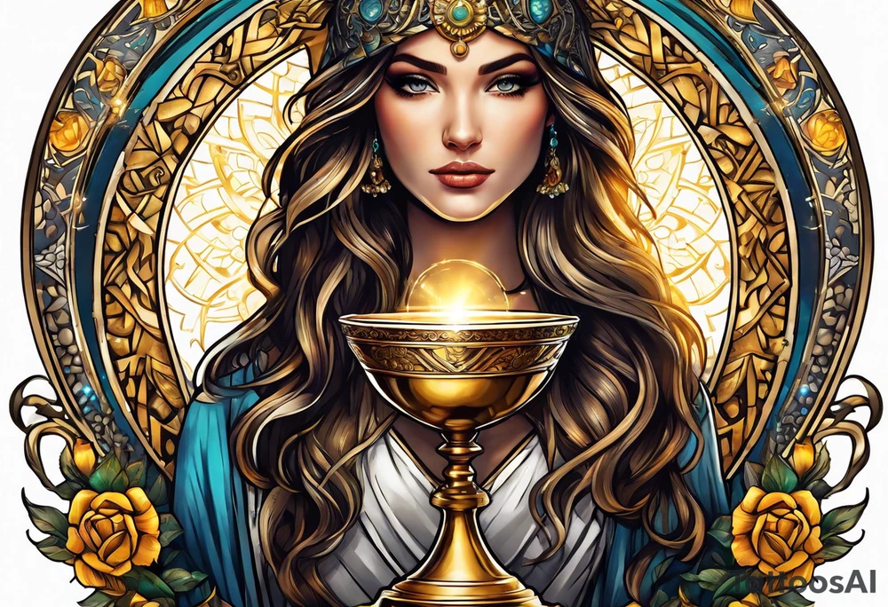 woman holding chalice surrounded by golden halo tattoo idea