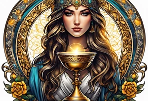 woman holding chalice surrounded by golden halo tattoo idea