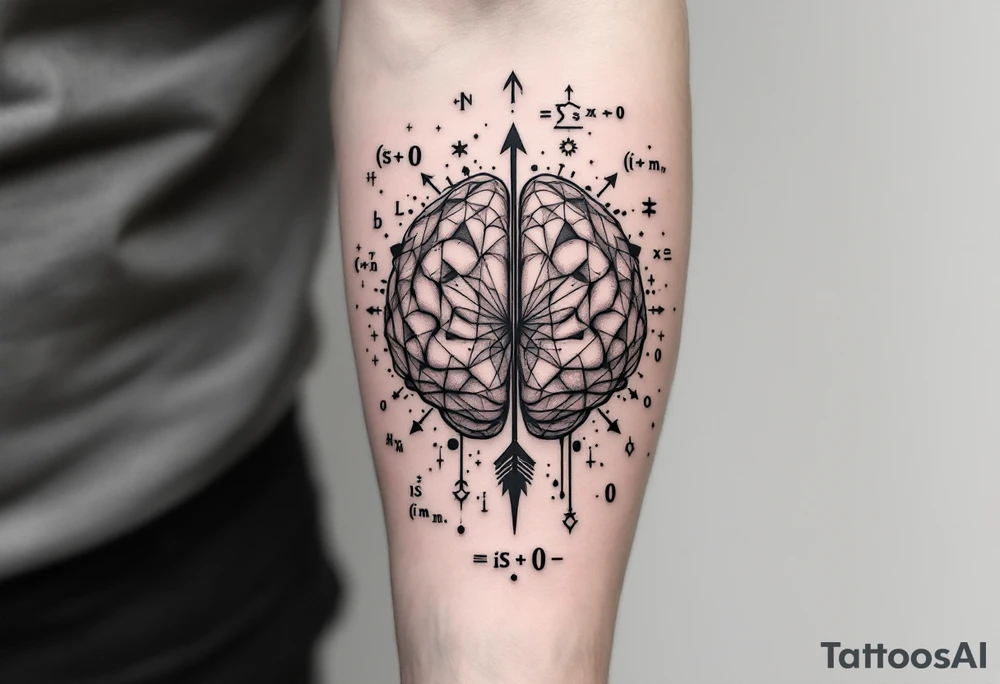 A front-seen brain in geometric and straight lines, math symbols arround. A detailed arrow crosses from below and exit from the top, with its tip desintegrating to represent entropy and watercolor stains spilled from the arrow. Around of the main tattoo, math and physics formulas fill the space, including the formula "ΔS ≥ 0" and the formula "(iδ + m) Φ = 0" tattoo idea