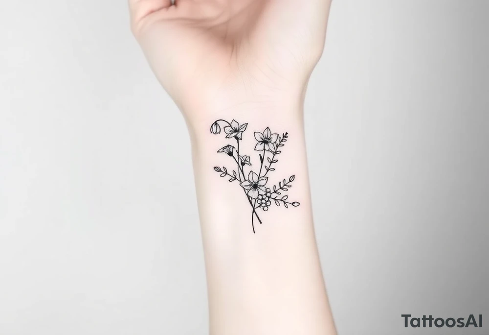Bouquet of birth months flowers Lilly of the valley, daffodil, larkspur and Ilex aquifolium with berries tattoo idea