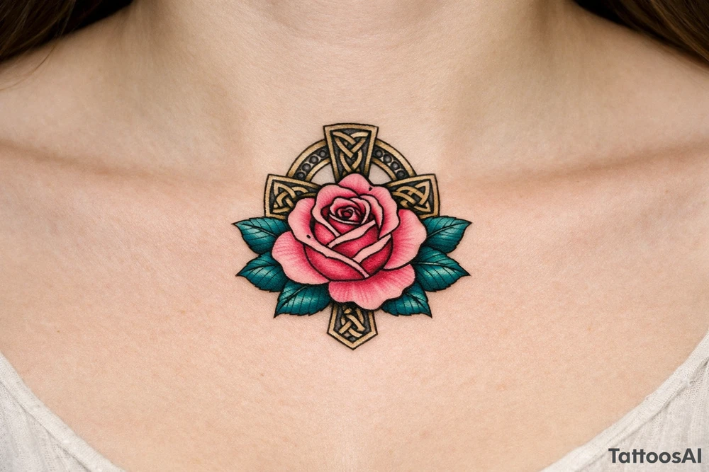 Pink rose , petrol leaves no stem, Celtic cross behind it tattoo idea