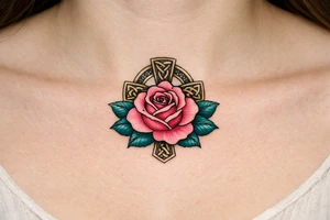 Pink rose , petrol leaves no stem, Celtic cross behind it tattoo idea