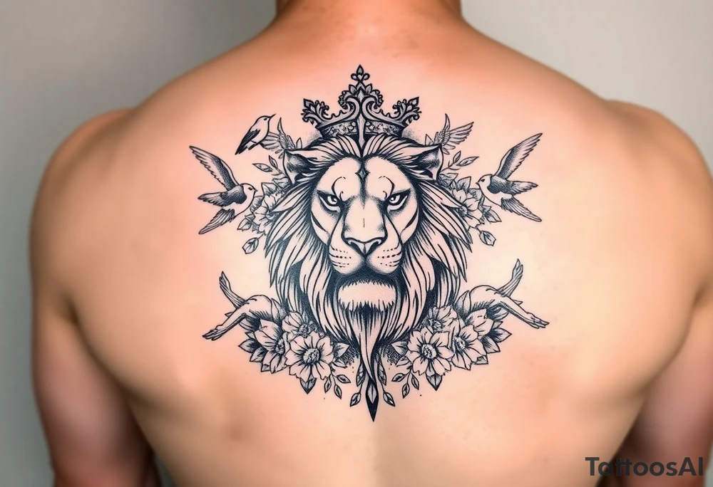 powerful majestic lion with a crown, surrounded by floral ornaments and birds tattoo idea