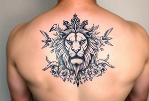 powerful majestic lion with a crown, surrounded by floral ornaments and birds tattoo idea