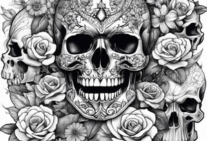 tattoo that fills entire length from shoulder to fingers that symbolizes pain including screaming skulls, dead flowers and more tattoo idea